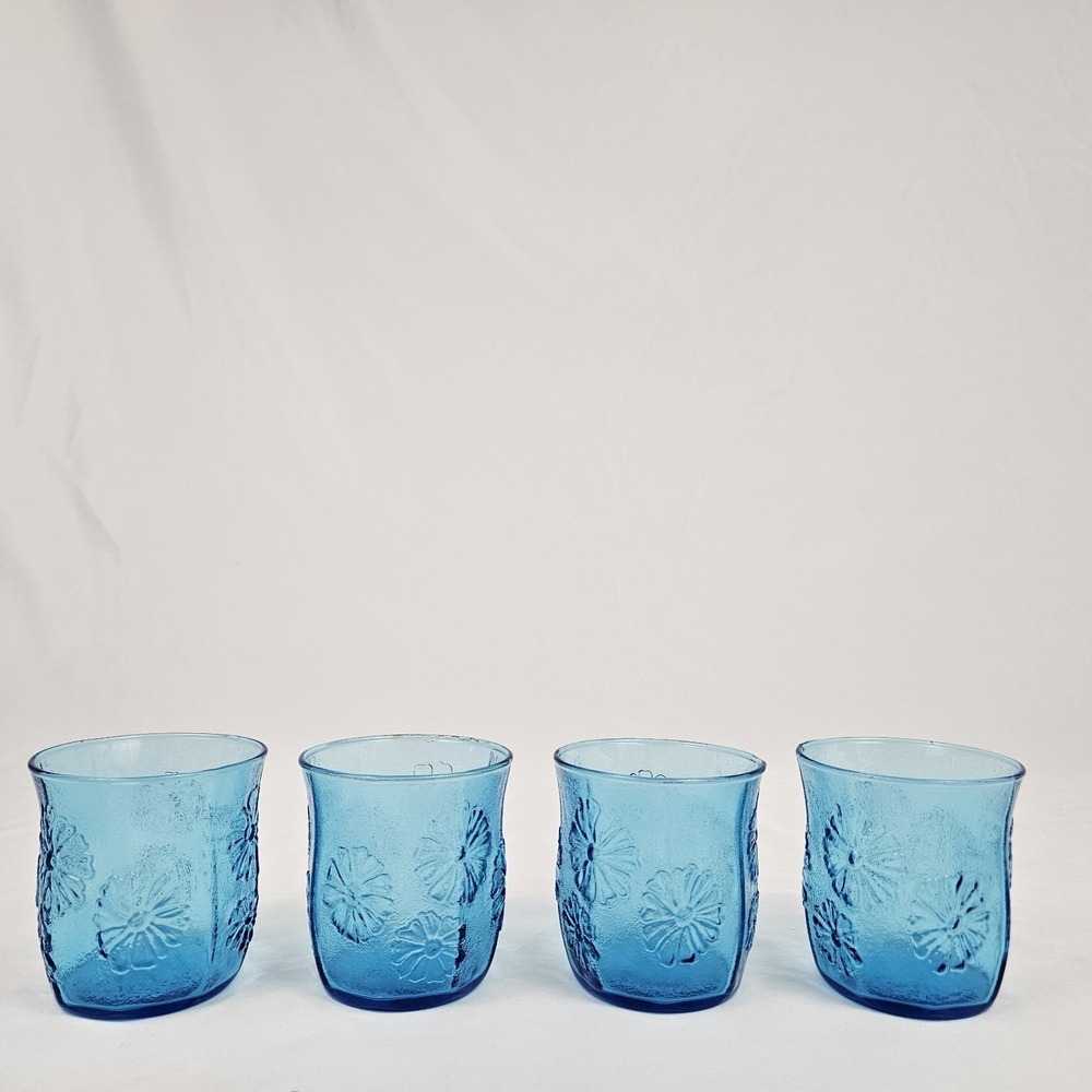 Anchor Hocking Springsong Drinking Glasses Laser Blue Flower 8 oz MCM 4 Piece